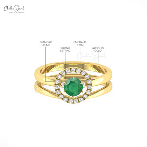 Top Products Zambian Emerald 5mm Round Cut & Diamond Halo Braided Stacking <b>Ring</b> with 14k Solid Gold Promise <b>Ring</b> for <b>Couple</b> - Product Image 4