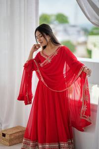 Traje Anarkali Rojo Bordado Hasta el Suelo con Dupatta, Vestido de Boda Tradicional Indio Pakistaní para Mujer, Corte Holgado, Poliéster - Product Image 3