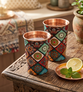 Vaso de Cobre Puro Hecho a Mano con Vibrante Estampado Mandala Meenakari, Vasos Ecológicos para Beber con Beneficios para la Salud Ayurvédica - Product Image 1