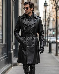 <b>Men</b> Genuine Leather <b>Long</b> Trench <b>Coat</b> Notched Lapel Double Breasted With Epaulet Pockets Regular Fit <b>Waterproof</b> Overcoat - Product Image 5