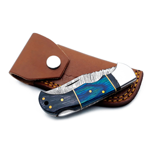 Handmade Damascus Steel Folding Knife with Colored Wood <b>Back</b> Lock Pocket Knife with Leather Sheath for Hunting Camping EDC Use - Product Image 3