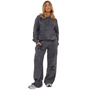 Survêtement décontracté pour femme grande taille, effet délavé, sweat à capuche oversize et pantalon à cordon de serrage, couleur unie, coupe ample - Product Image 1
