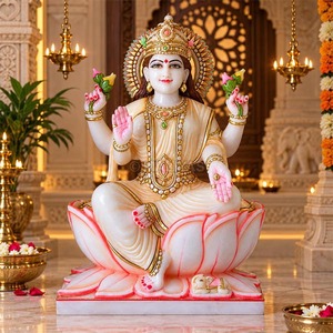 Escultura de Mármol de Laxmi Mata con Loto |   Murti de la Diosa Lakshmi de Cuatro Brazos Hecho a Mano |   MALIYAS Jaipur - Product Image 1