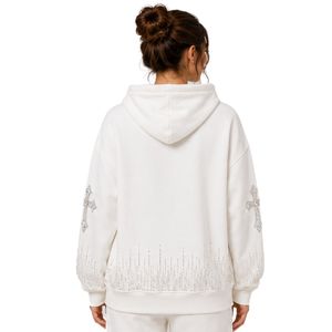 Sweat-shirt oversize blanc pour femme avec motif croix en strass, en molleton de coton premium, pull décontracté pour l'hiver, streetwear - Product Image 2