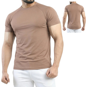 Camiseta Casual de Punto para Hombre, Cuello Redondo, Manga Raglán, Ajustada, de Secado Rápido, Color Sólido, Poliéster, Color Marrón - Product Image 1