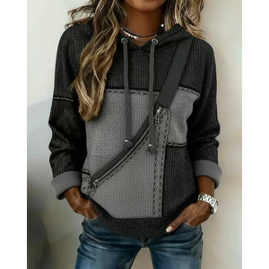 Sweat à capuche en maille color block avec fermeture éclair diagonale pour femme, style streetwear tactique, poche bandoulière, texture urbaine utilitaire - Product Image 1