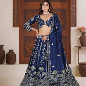 Ramdev Trading Butterfly Net Lehenga Choli Bleu marine Blanc ivoire Vin traditionnel Mariage Célébrations festives Recyclé - Product Image 1
