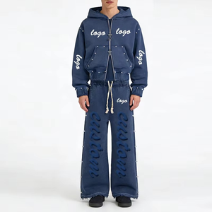 Hot Supplier Rhinestone Tracksuit Hoodie Men Oversized <b>Cropped</b> Acid Wash <b>Zip</b> <b>up</b> Distressed Sweatpants and Hoodie - Product Image 1