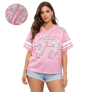 เสื้อเจอร์ซีย์อเมริกันฟุตบอลสุดฮิต ประดับคริสตัลวิบวับ สีชมพู แบบสั่งทำพิเศษ เสื้อกีฬาโอเวอร์ไซส์ แขนสั้น ผ้าตาข่าย รับผลิตแบบ OEM - Product Image 1