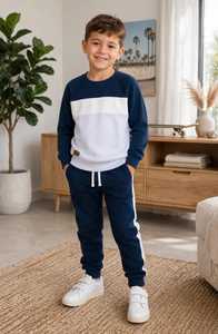 Ensemble de survêtement décontracté pour garçons, sweat-shirt à blocs de couleur bleu marine et blanc, manches longues, col rond, 100 % coton, poches latérales, cordon de serrage - Product Image 6