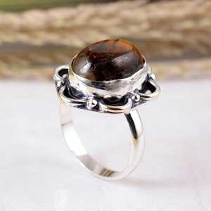 SHYAM JEWELRS Anillo Boho Delicado de Plata de Ley 925 Oxidada con Ojo de Tigre Dorado Natural Hecho a Mano, Estilo Étnico Floral Vintage - Product Image 4