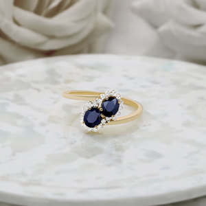 Anillo de Oro Amarillo de 14K con Zafiro Azul Ovalado Tallado Toi Et Moi, Halo de Diamantes, Joyería Fina de Lujo, Venta al por Mayor, Gema, Regalo para Mujer, Fiesta - Product Image 2