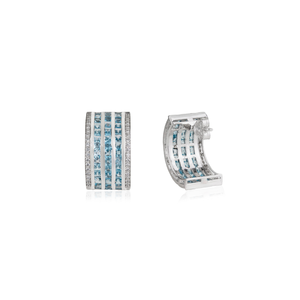 Classy 925 Sterling Silver 100% Genuine <b>Blue</b> Topaz Gemstone & Diamond Wide Half Hoop <b>Earrings</b> For Women's - Product Image 3
