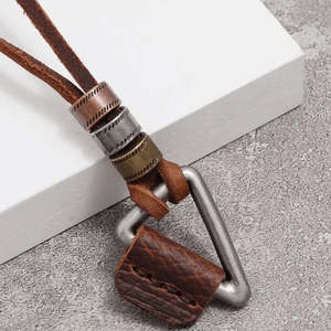 Vintage Alloy Triangle Pendant Necklace with Adjustable Pure Leather Cord for Men & Boys - Product Image 2
