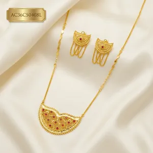 Gold Plated Heart Shape <b>Ruby</b> <b>Necklace</b> and Earring Set Women's Vintage Jewelry Alloy Fashion Jewelry CHIKSET - Product Image 2