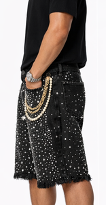 Shorts en jean délavé uni pour homme avec strass, taille haute élastique, style urbain, idéal pour l'été - Product Image 2