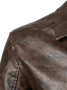 <b>Men</b> Brown PU <b>Leather</b> Moto Biker <b>Jacket</b> Zipper Front Turn-down Collar Slim Fit Regular Sleeve Solid Color Autumn Style - Product Image 3
