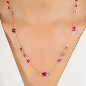 18K Yellow Gold <b>Ruby</b> Station <b>Necklace</b>-Wedding Party & Anniversary Gift Chain - Product Image 1