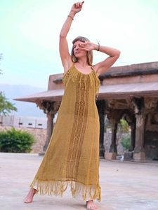 Handcrafted Women Cotton Linen Boho <b>Maxi</b> Dress with Shoulder Tie Straps Traditional Geometric Block Print Panel Dress For Women - Product Image 4