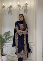 Ensemble Kurti Palazzo Dupatta en Georgette bleu foncé avec broderie de sequins, tenue de soirée élégante, robe ethnique pour femmes