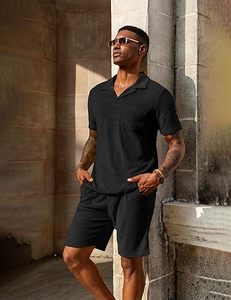 Ensemble polo et short pour homme URRU, tenues d'été, plage, tissu éponge, manches courtes, ensemble court 2 pièces pour homme - Product Image 3