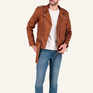 Customizable Brown Bomber Suede <b>Leather</b> <b>Jacket</b> for Men Stand Collar Zipper Closure Casual Fashion Plain Dyed Technique - Product Image 5