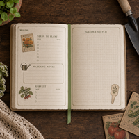 Carnet de notes LABON personnalisé en kraft brun avec dos en lin et dorure à chaud, motif Jardin Botanique, style pochette de graines vintage, avec logo personnalisé, idéal comme cadeau