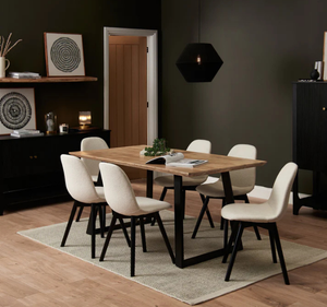Juego de Comedor Rectangular de 6 Piezas de Madera de Teca Sólida de Diseño Industrial Moderno, Sillas Tapizadas con Patas de Metal Negro para Hotel y Hogar - Product Image 1