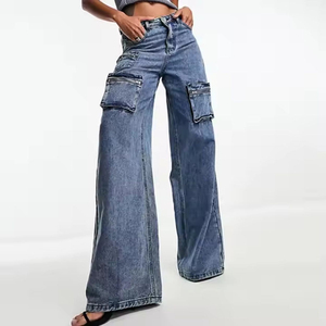 Vaqueros acampanados vintage de cintura alta para mujer, pantalones casuales de mezclilla a media pantorrilla con múltiples bolsillos, diseño de pierna ancha transpirable y color liso. - Product Image 1