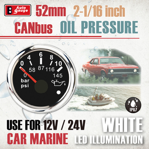 Manómetro de Presión de Aceite CANbus de 52 mm (2 1/16 pulgadas) con Pantalla LED Súper Blanca, Carátula Analógica Negra, Luz de Advertencia de 12V para Camiones, Autobuses y Coches - Product Image 2