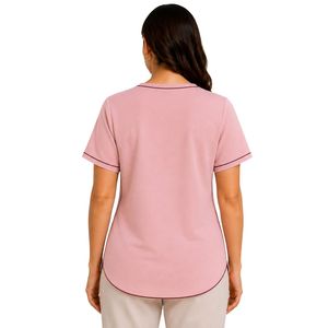 Camiseta de Manga Corta con Cuello Asimétrico para Mujer, Color Rosa Polvo, Bordado Floral, Ribete en Contraste, Logotipo Personalizado, Casual, Venta al Por Mayor - Product Image 2