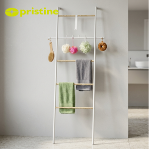 Freestanding Black Steel Towel Ladder With Wooden Bars Industrial Bathroom Organizer <b>Shelf</b> Bars Movable <b>Bath</b> - Product Image 5