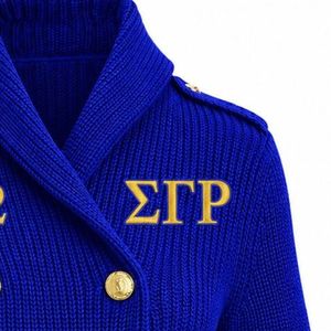 Chaqueta de punto premium con letras griegas bordadas Sigma Gamma Rho, estilo cárdigan cruzado, elegante con botones frontales para hermandad - Product Image 3