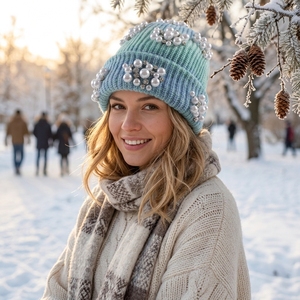 Elegante Gorro Tejido a Mano en Azul Claro con Adornos de Perlas y Diamantes de Imitación, Gorro de Invierno Unisex para Adultos, Estilo Casual - Product Image 2