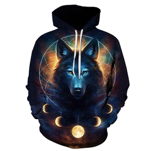 Sudadera con Capucha para Hombre, Diseño 3D de Lobo y Luna, Azul, Invierno, Informal, 100% Algodón, Resistente al Viento - Product Image 6