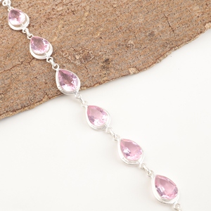 Pulsera de Plata de Ley 925 con Morganita Natural, Estilo Boho, Cadena con Cristal Rosa Facetado en Forma de Pera y Engaste de Bisel - Product Image 3