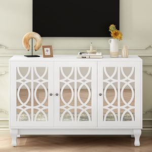 Modern Solid Wood <b>TV</b> Stand with 3 Adjustable Shelves <b>Mirrored</b> Entertainment Center up to 55 Inches Metal Handle - Product Image 1