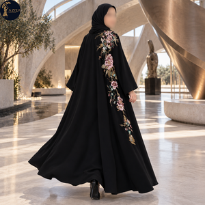 Abaya Floral Artesanal con Frente Abierto para Mujer, con Mangas Largas, Túnica Negra Fluida |   Moda Musulmana con Bordado Botánico Multicolor - Product Image 2