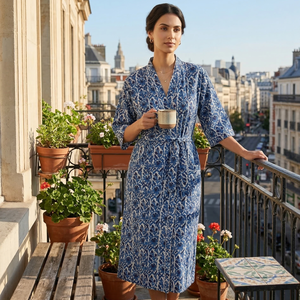 Robe kimono en coton bleu et blanc à fleurs pour femme, coupe ample, vêtement de détente, peignoir, col en V, ceinture, tenue décontractée d'été - Product Image 6