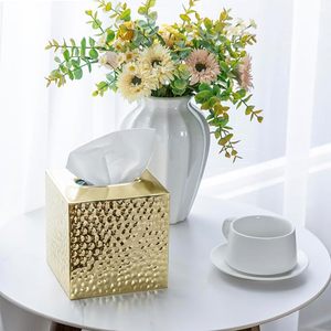 Modern Hammered Brass Tone Metal <b>Cube</b> Facial Tissue Box Cover with Open Bottom, Decorative Pebbled Texture Square - Product Image 2