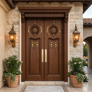 Porte d'entrée extérieure double battante pour appartement, modèle GA-01F, robuste et solide, en bois massif, design incurvé circulaire, épaisseur extra premium 50 mm - Product Image 1