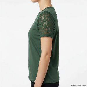 Camiseta de Manga Corta Verde para Mujer, con Mangas de Encaje, Cuello Redondo, Informal, Transpirable, de Poliéster Tejido, para Primavera - Product Image 3