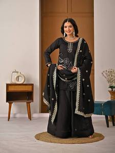 Salwar Kameez en coton noir avec dupatta brodé, tenue décontractée traditionnelle indienne et pakistanaise pour femmes, coupe régulière, longueur au sol - Product Image 3