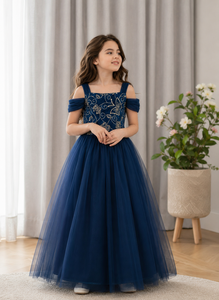 Vestido de Princesa de Tul para Niñas, Color Azul Marino, Hombros Descubiertos, Bordado, Largo hasta el Suelo, Vestido Formal para Bodas, Fiestas y Concursos - Product Image 1