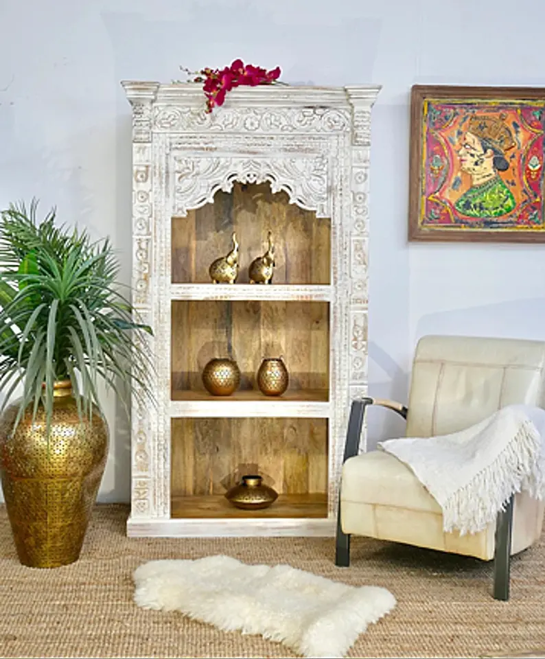 Entry Key Rack Modern Vintage Solid Wooden Hand Carved Jharokha Arch Display Bookcase Open ...