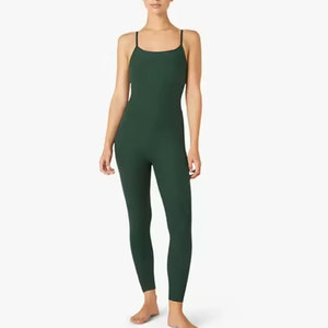 Combinaison de yoga pour femme, vert foncé, taille haute, bretelles spaghetti, sans manches, couleur unie, coupe ajustée, longueur intégrale, respirante - Product Image 4