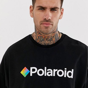 T-shirt noir surdimensionné à manches courtes pour homme Polaroid avec logo imprimé sur le devant, style décontracté, coupe jersey, col rond - Product Image 2
