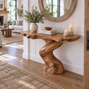 Table console en bois massif à bord naturel, artisanale, rustique, pour entrée, table d'appoint murale - Product Image 2