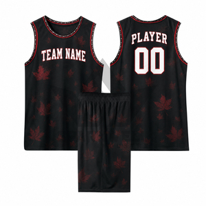 Conjunto de Uniforme de Baloncesto Personalizado, Negro y Rojo con Estampado de Hoja de Arce, Nombre del Jugador Sublimado 00, Cintura Elástica, Sin Mangas, Malla, Unisex, Adulto - Product Image 1