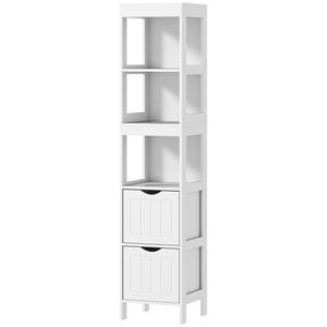 Mobiletto da Bagno Bianco Sottile Salvaspazio con 2 Cassetti e 3 Ripiani Aperti, Armadietto Stretto da Terra - Product Image 1